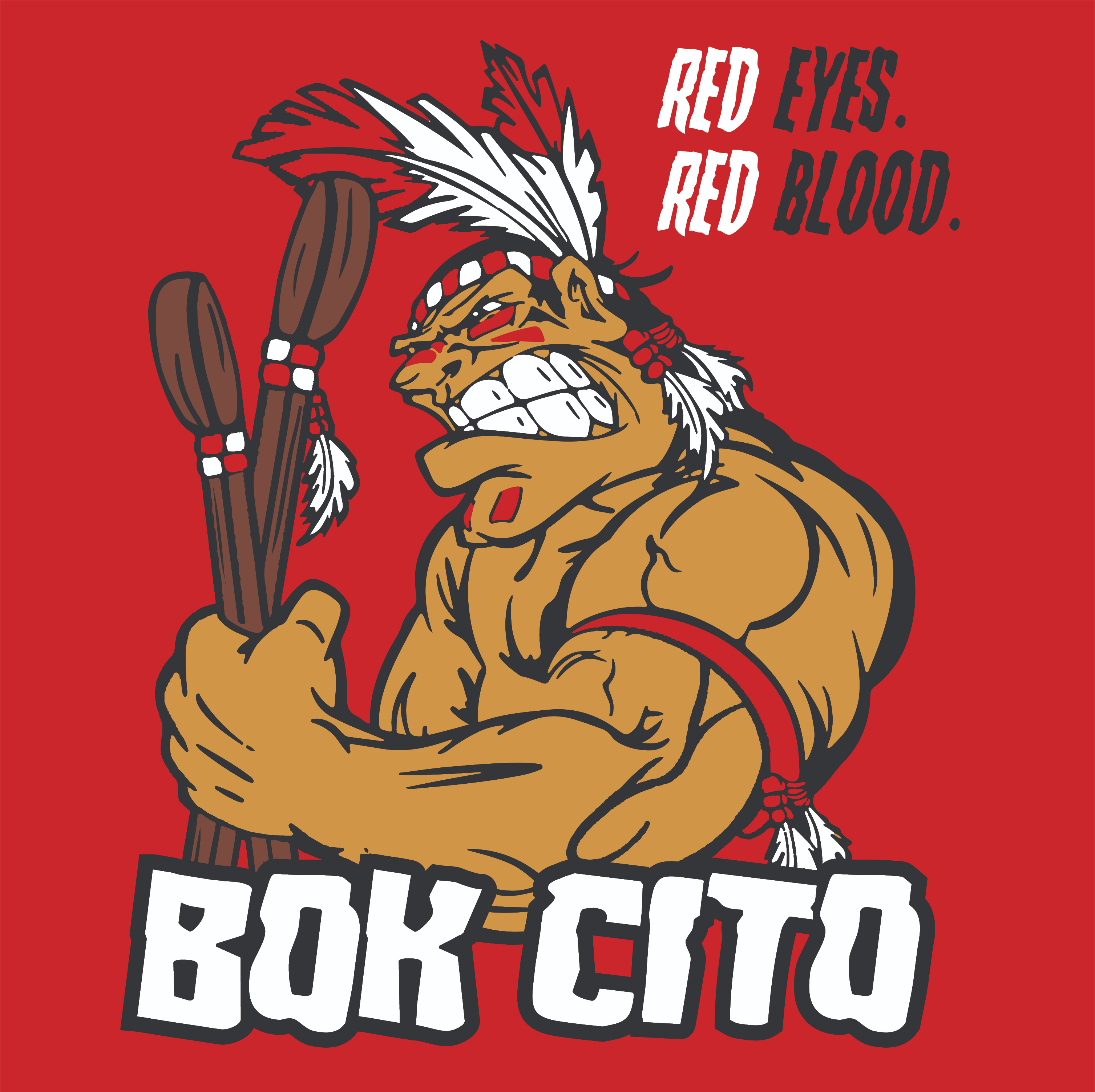 'Red Eyes. Red Blood.' written above a strong Native American man holding stickball sticks